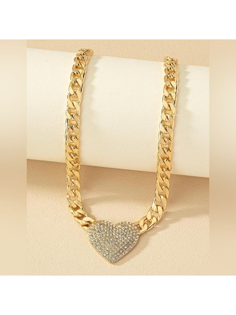 Gold Rhinestone Heart Pendant Necklace - Picture 2 of 4